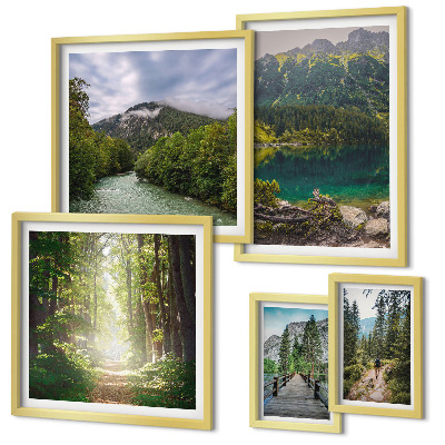 Ensemble de 5 tableaux Paysages de montagne et sentiers forestiers