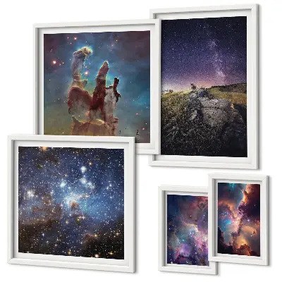 Lot de tableaux encadrés représentant des paysages cosmiques de galaxies
