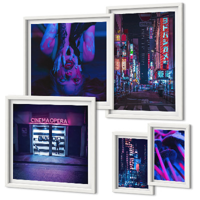 Ensemble de 5 tableaux Paysages urbains nocturnes au néon