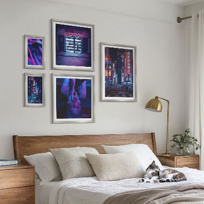 Ensemble de 5 tableaux Paysages urbains nocturnes au néon