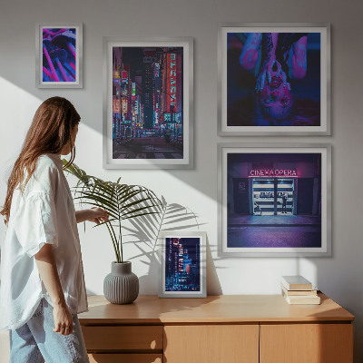 Ensemble de 5 tableaux Paysages urbains nocturnes au néon
