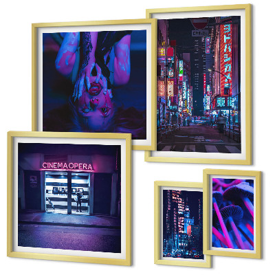 Ensemble de 5 tableaux Paysages urbains nocturnes au néon
