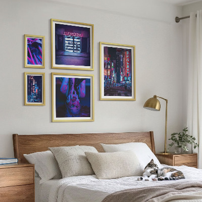 Ensemble de 5 tableaux Paysages urbains nocturnes au néon
