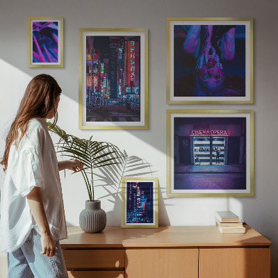 Ensemble de 5 tableaux Paysages urbains nocturnes au néon