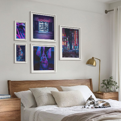 Ensemble de 5 tableaux Paysages urbains nocturnes au néon