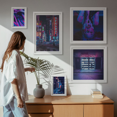 Ensemble de 5 tableaux Paysages urbains nocturnes au néon