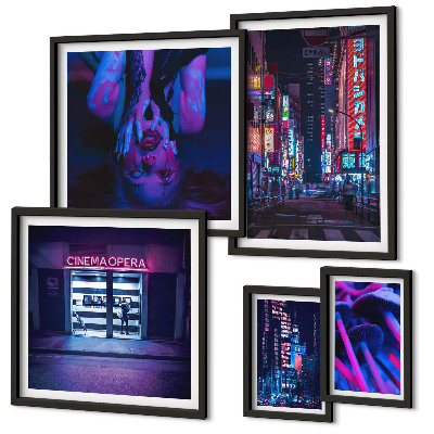 Ensemble de 5 tableaux Paysages urbains nocturnes au néon