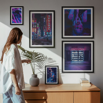 Ensemble de 5 tableaux Paysages urbains nocturnes au néon
