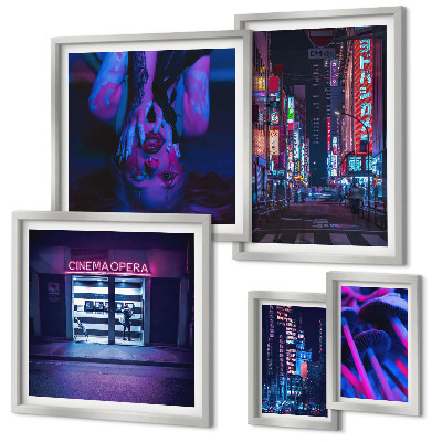 Ensemble de 5 tableaux Paysages urbains nocturnes au néon