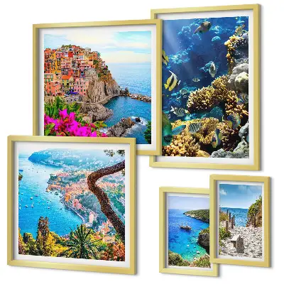 Lot de tableaux encadrés sur le thème des paysages marins, poissons et plages