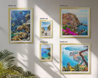 Lot de tableaux encadrés sur le thème des paysages marins, poissons et plages