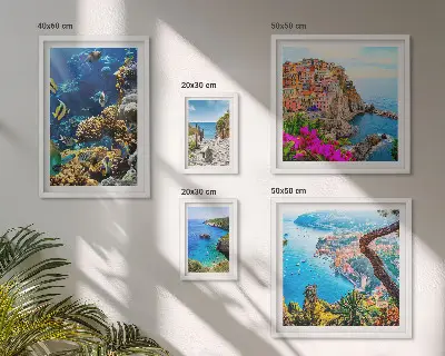 Lot de tableaux encadrés sur le thème des paysages marins, poissons et plages