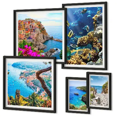 Lot de tableaux encadrés sur le thème des paysages marins, poissons et plages