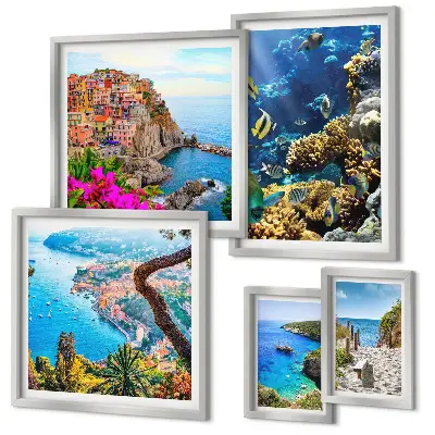 Lot de tableaux encadrés sur le thème des paysages marins, poissons et plages