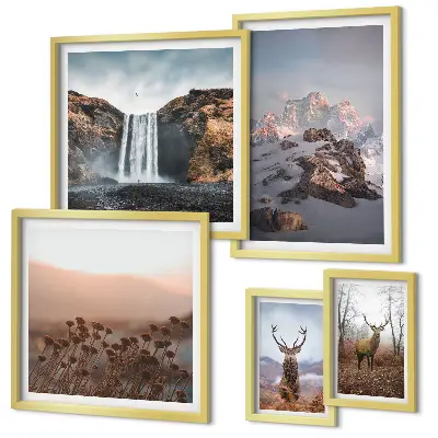 Lot de tableaux encadrés représentant des paysages de montagne et des animaux sauvages