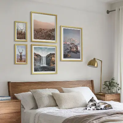 Lot de tableaux encadrés représentant des paysages de montagne et des animaux sauvages