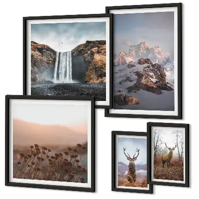 Lot de tableaux encadrés représentant des paysages de montagne et des animaux sauvages