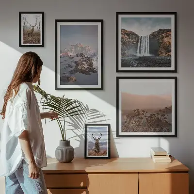 Lot de tableaux encadrés représentant des paysages de montagne et des animaux sauvages