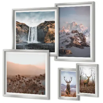 Lot de tableaux encadrés représentant des paysages de montagne et des animaux sauvages