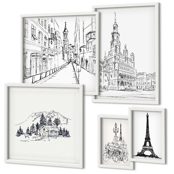 Lot de tableaux encadrés Illustrations architecturales élégantes