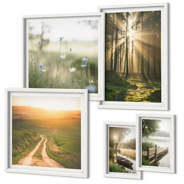 Lot de tableaux encadrés motifs de paysages forestiers avec soleil et eau