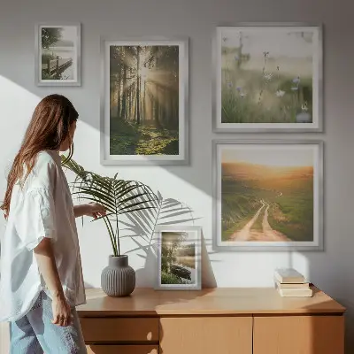 Lot de tableaux encadrés motifs de paysages forestiers avec soleil et eau