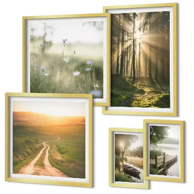 Lot de tableaux encadrés motifs de paysages forestiers avec soleil et eau