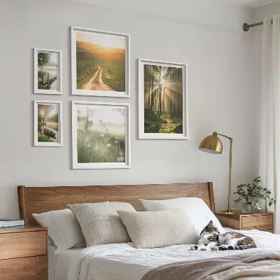 Lot de tableaux encadrés motifs de paysages forestiers avec soleil et eau