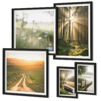 Lot de tableaux encadrés motifs de paysages forestiers avec soleil et eau