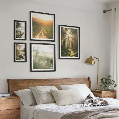 Lot de tableaux encadrés motifs de paysages forestiers avec soleil et eau