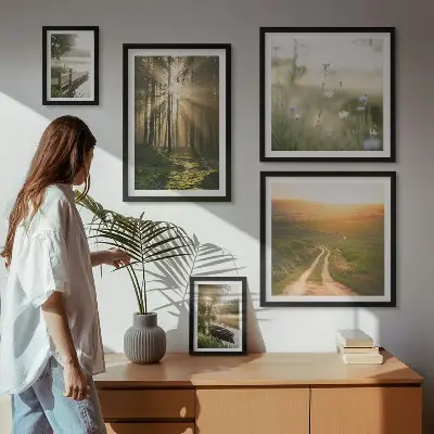 Lot de tableaux encadrés motifs de paysages forestiers avec soleil et eau