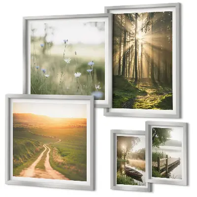 Lot de tableaux encadrés motifs de paysages forestiers avec soleil et eau