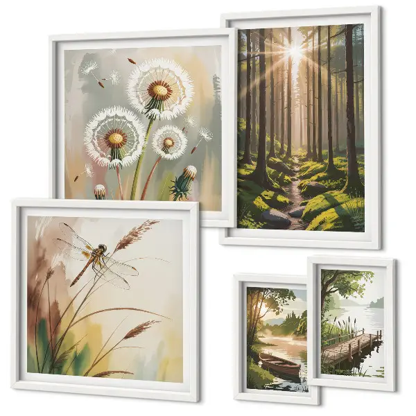 Ensemble de 5 tableaux représentant des paysages de forêt apaisants