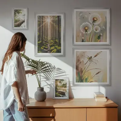 Ensemble de 5 tableaux représentant des paysages de forêt apaisants