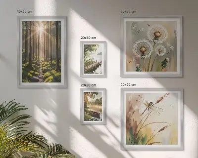 Ensemble de 5 tableaux représentant des paysages de forêt apaisants