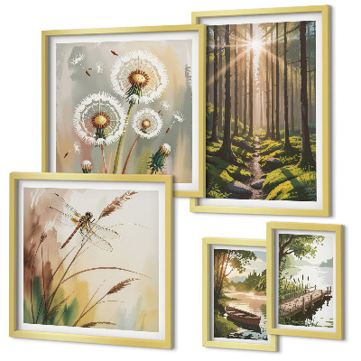 Ensemble de 5 tableaux Paysages forestiers nature paix
