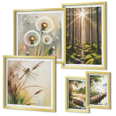 Ensemble de 5 tableaux représentant des paysages de forêt apaisants