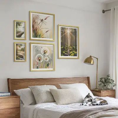 Ensemble de 5 tableaux représentant des paysages de forêt apaisants
