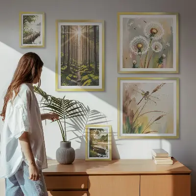 Ensemble de 5 tableaux représentant des paysages de forêt apaisants