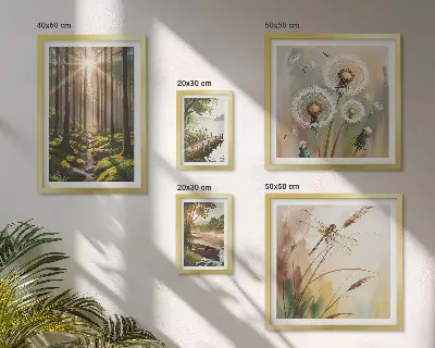 Ensemble de 5 tableaux représentant des paysages de forêt apaisants