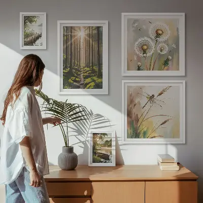 Ensemble de 5 tableaux représentant des paysages de forêt apaisants