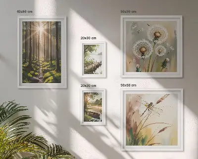 Ensemble de 5 tableaux représentant des paysages de forêt apaisants