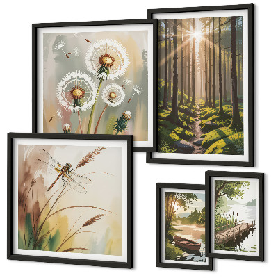 Ensemble de 5 tableaux Paysages forestiers nature paix
