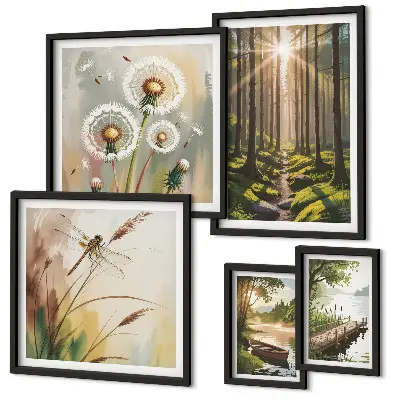 Ensemble de 5 tableaux représentant des paysages de forêt apaisants