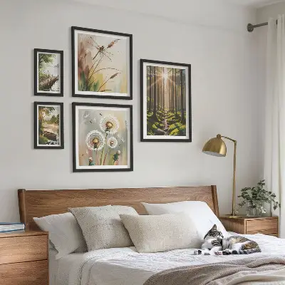 Ensemble de 5 tableaux représentant des paysages de forêt apaisants