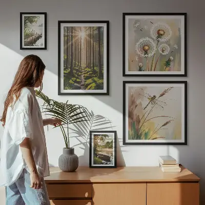 Ensemble de 5 tableaux représentant des paysages de forêt apaisants