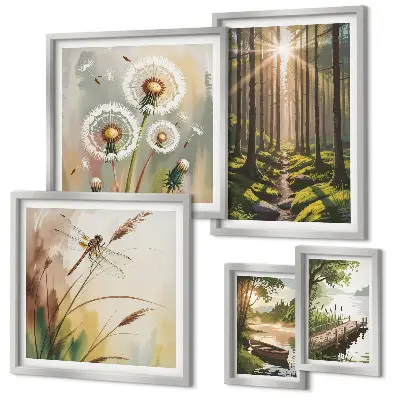 Ensemble de 5 tableaux représentant des paysages de forêt apaisants