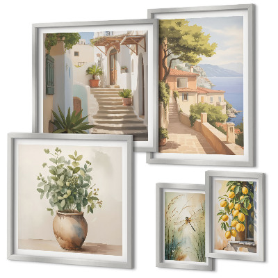 Ensemble de 5 tableaux Vues élégantes de villes balnéaires