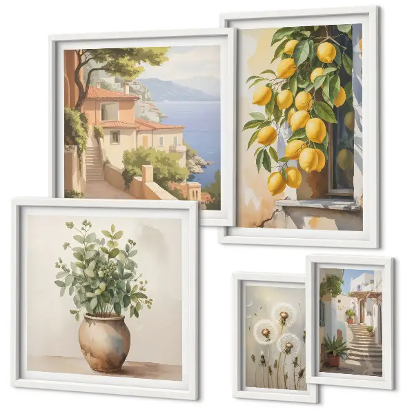 Lot de tableaux encadrés sur le thème des notes d'agrumes dans un style méditerranéen