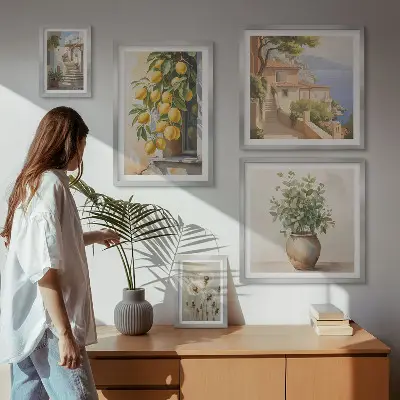 Lot de tableaux encadrés sur le thème des notes d'agrumes dans un style méditerranéen